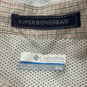 Columbia White Mesh Shirt with Peach-Tan Plaid Trim